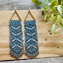Load image into Gallery viewer, Gray Blue, White and Navy Blue Beaded Fringe Earrings with Triangle Accent