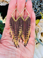 Load image into Gallery viewer, Brown and Gold Beaded Fringe Earrings on Gold Diamond Frames with Purple Highlights