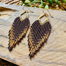 Load image into Gallery viewer, Brown and Gold Beaded Fringe Earrings on Gold Diamond Frames with Purple Highlights