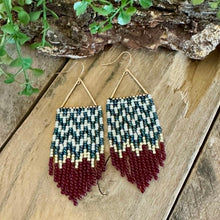 Load image into Gallery viewer, Retro Pattern Burgundy, Teal, Cream and Gold Beaded Fringe Earrings, Triangle Frame