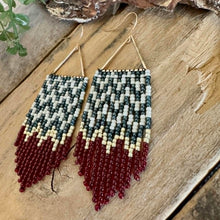 Load image into Gallery viewer, Retro Pattern Burgundy, Teal, Cream and Gold Beaded Fringe Earrings, Triangle Frame