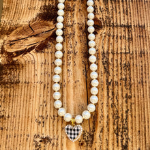 Load image into Gallery viewer, Pearl Necklace with Black and White Gingham Heart Pendant, Gold Findings