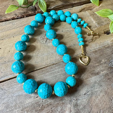 Load image into Gallery viewer, Chunky Turquoise Beaded Statement Necklace with Gold Plated Heart Toggle Clasp