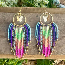 Load image into Gallery viewer, Multi-Colored Beaded Fringe Hoop Earrings with Gold Butterflies