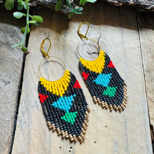 Load image into Gallery viewer, Bold, Geometric Beaded Frings Gold Hoops, Hematite, Yellow, Turquoise Blue, Green, Red