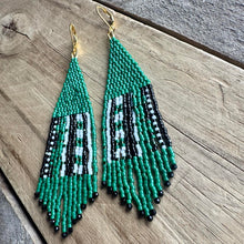 Load image into Gallery viewer, Kelly Green, Black and White Earrings, Abstract Pattern, Beaded Fringe