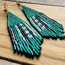 Load image into Gallery viewer, Kelly Green, Black and White Earrings, Abstract Pattern, Beaded Fringe