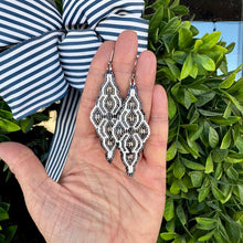 Load image into Gallery viewer, Moroccan Tile Beaded Earrings, Navy Gunmetal, White and Silver, Boho Chic, Handmade