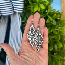 Load image into Gallery viewer, Moroccan Tile Beaded Earrings, Navy Gunmetal, White and Silver, Boho Chic, Handmade