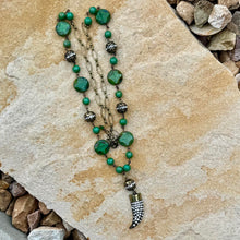 Load image into Gallery viewer, Antique Brass and Hunter Green Necklace with Bling Horn Pendant, Czech glass, long necklace