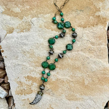 Load image into Gallery viewer, Antique Brass and Hunter Green Necklace with Bling Horn Pendant, Czech glass, long necklace