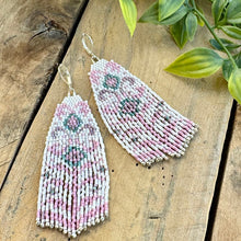Load image into Gallery viewer, Pastel Floral Seed Bead Earrings with Fringe Miyuki Delica, Pink, Lavendar, Turquoise, White