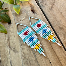 Load image into Gallery viewer, Multi-Colored Fringe Earrings on Triangle Frame, White, Turquoise, Blue, Red, Yellow