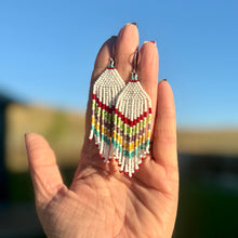 Load image into Gallery viewer, Multicolor Chevron Striped Beaded Fringe Earrings, White, Turquoise, Red, Yellow, Lime Green, Purple