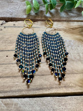 Load image into Gallery viewer, Navy Blue and Gold Beaded Fringe Hoop Earrings