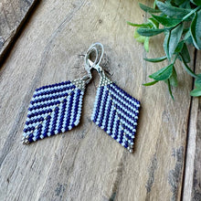 Load image into Gallery viewer, Navy Blue White and Silver Beaded Earrings, Dangle,