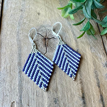 Load image into Gallery viewer, Navy Blue White and Silver Beaded Earrings, Dangle,