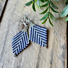 Load image into Gallery viewer, Navy Blue White and Silver Beaded Earrings, Dangle,