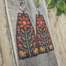 Load image into Gallery viewer, Autumn Colors Flower Beaded Seed Bead Fringe Earrings, Brown, Orange, Mustard Yellow, Sage Green