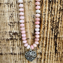 Load image into Gallery viewer, Pink Opal Beaded Necklace with Silver Heart Pendant and Matching Earrings