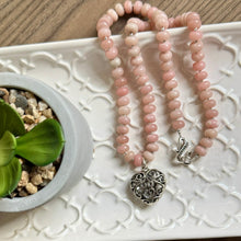 Load image into Gallery viewer, Pink Opal Beaded Necklace with Silver Heart Pendant and Matching Earrings