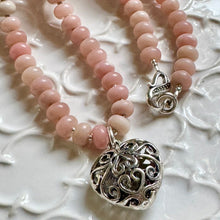 Load image into Gallery viewer, Pink Opal Beaded Necklace with Silver Heart Pendant and Matching Earrings