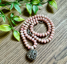 Load image into Gallery viewer, Pink Opal Beaded Necklace with Silver Heart Pendant and Matching Earrings