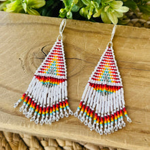 Load image into Gallery viewer, Beaded Fringe Earrings, Rainbow Chevron, White, Red, Orange, Yellow, Turquoise, Silver
