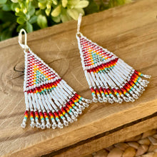 Load image into Gallery viewer, Beaded Fringe Earrings, Rainbow Chevron, White, Red, Orange, Yellow, Turquoise, Silver