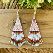 Load image into Gallery viewer, Beaded Fringe Earrings, Rainbow Chevron, White, Red, Orange, Yellow, Turquoise, Silver