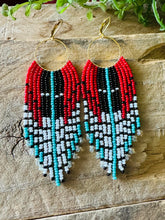 Load image into Gallery viewer, Red, Black, White and Turquoise Beaded Fringe Earrings on Gold Hoops,