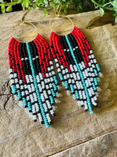 Load image into Gallery viewer, Red, Black, White and Turquoise Beaded Fringe Earrings on Gold Hoops,