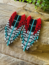 Load image into Gallery viewer, Red, Black, White and Turquoise Beaded Fringe Earrings on Gold Hoops,