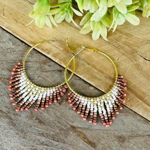 Load image into Gallery viewer, Brass Hoop Earrings with Rust, Off-White and Gold Accents, Beaded