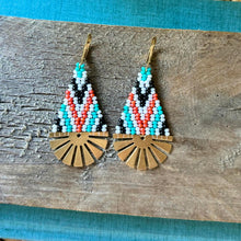 Load image into Gallery viewer, Brass Sunburst Seed Bead Dangle Earrings, White, Turquoise, Black, White