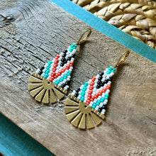 Load image into Gallery viewer, Brass Sunburst Seed Bead Dangle Earrings, White, Turquoise, Black, White