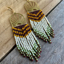 Load image into Gallery viewer, Brass Sunburst Beaded Earrings, Brown, Oxblood, Mustard Yellow, Cream, Olive Green