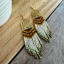 Load image into Gallery viewer, Brass Sunburst Beaded Earrings, Brown, Oxblood, Mustard Yellow, Cream, Olive Green