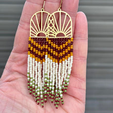 Load image into Gallery viewer, Brass Sunburst Beaded Earrings, Brown, Oxblood, Mustard Yellow, Cream, Olive Green