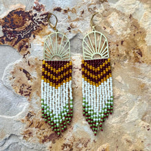 Load image into Gallery viewer, Brass Sunburst Beaded Earrings, Brown, Oxblood, Mustard Yellow, Cream, Olive Green