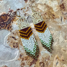 Load image into Gallery viewer, Brass Sunburst Beaded Earrings, Brown, Oxblood, Mustard Yellow, Cream, Olive Green