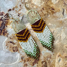 Load image into Gallery viewer, Brass Sunburst Beaded Earrings, Brown, Oxblood, Mustard Yellow, Cream, Olive Green