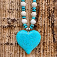 Load image into Gallery viewer, Chunky Heart Statement Necklace, imitation Turquoise and Cream Beads with Antique Copper Findings