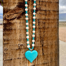 Load image into Gallery viewer, Chunky Heart Statement Necklace, imitation Turquoise and Cream Beads with Antique Copper Findings