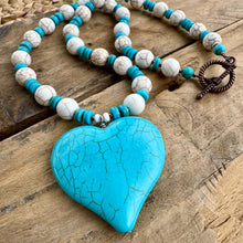 Load image into Gallery viewer, Chunky Heart Statement Necklace, imitation Turquoise and Cream Beads with Antique Copper Findings