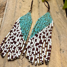 Load image into Gallery viewer, Turquoise and Cow Pattern Print Brown Cream Beaded Fringe Earrings