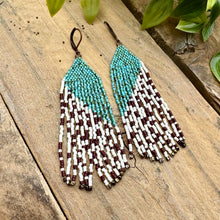 Load image into Gallery viewer, Turquoise and Cow Pattern Print Brown Cream Beaded Fringe Earrings