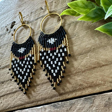 Load image into Gallery viewer, Black and White Beaded Fringe Earrings on Gold Hoops, with Cranberry Red Accent
