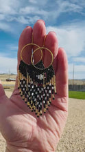 Load and play video in Gallery viewer, Black and White Beaded Fringe Earrings on Gold Hoops, with Cranberry Red Accent