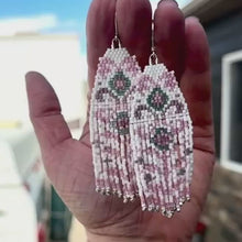 Load and play video in Gallery viewer, Pastel Floral Seed Bead Earrings with Fringe Miyuki Delica, Pink, Lavendar, Turquoise, White